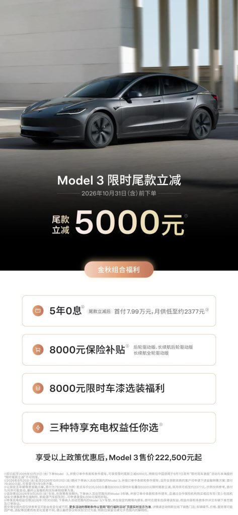Affiche Tesla Chine pour les offres de la Model 3 d'octobre 2026